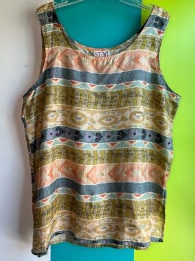 Multicolor Aztec Boho Patterned Sleeveless Tank Top Blouse 100% Silk